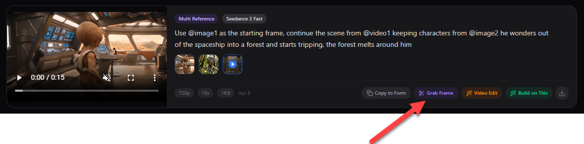 How to grab a frame from Seedance 2.0 video output in A.I. Creator U