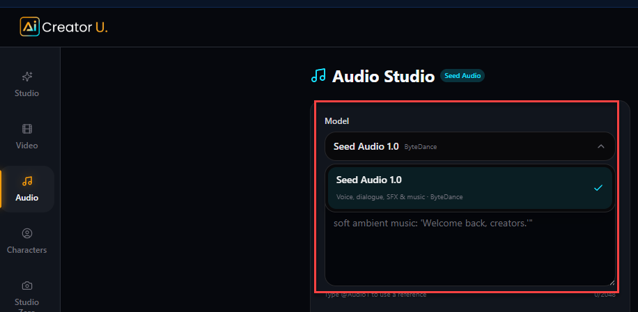 Seed Audio 1.0 selected in the A.I. Creator U. Audio Studio, with a text prompt and @audio reference support